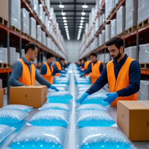 A bustling e-commerce warehouse with workers efficiently packing orders using Readytouse cooling gels, ensuring product integrity during shipping