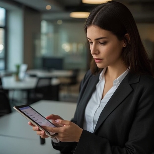 A busy professional using a digital task management app on a tablet, visually organizing tasks into categories of urgency and importance, in a well-lit modern office environment, showing a clear, focused expression