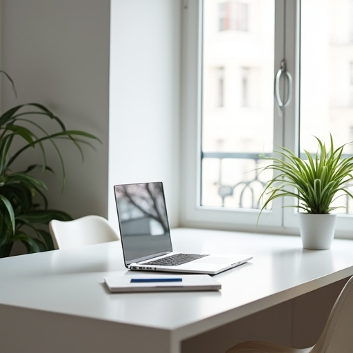 effective - A minimalist office setup with a clean, white desk containing only essential items like a laptop, notebook, and a