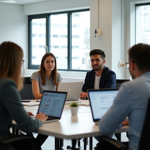 A group of professionals in a light-filled modern meeting room, actively engaging in a productive feedback session with lapto