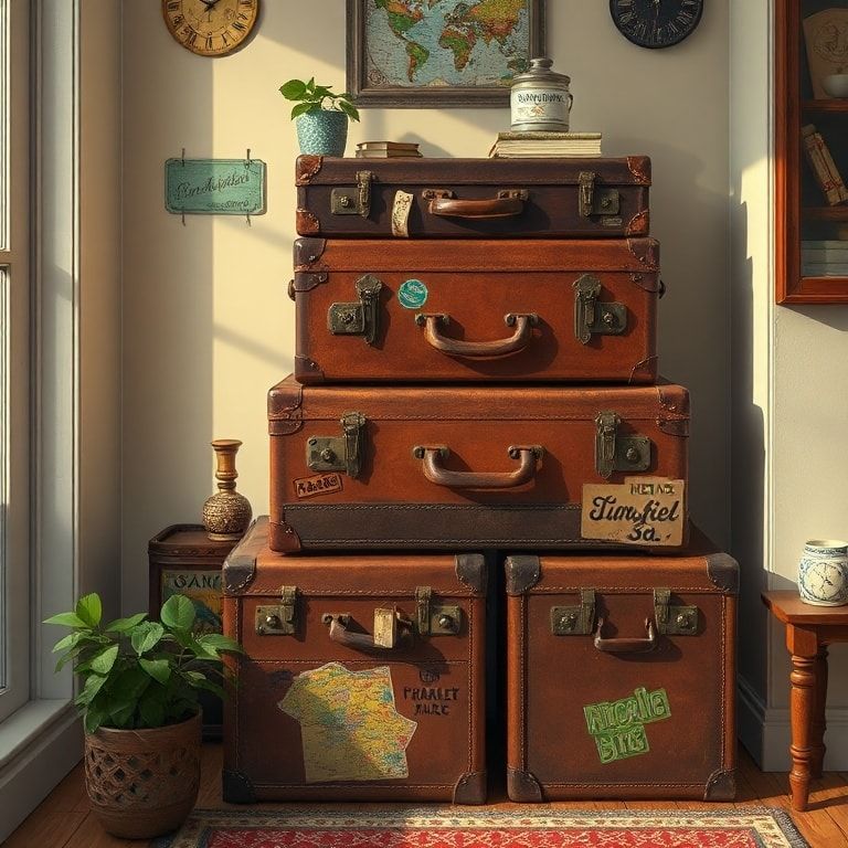 vintage suitcases stacked as side tables, retro travel themed decor, old leather suitcases with travel stickers, antique brass hardware, bohemian interior style, cozy reading nook with vintage suitcases as tables