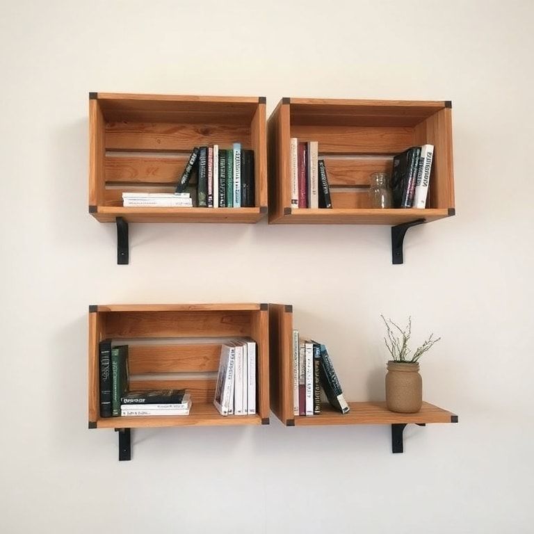 wooden crates repurposed as bookshelves, DIY rustic home decor, eco-friendly furniture, creative storage solution, minimalist