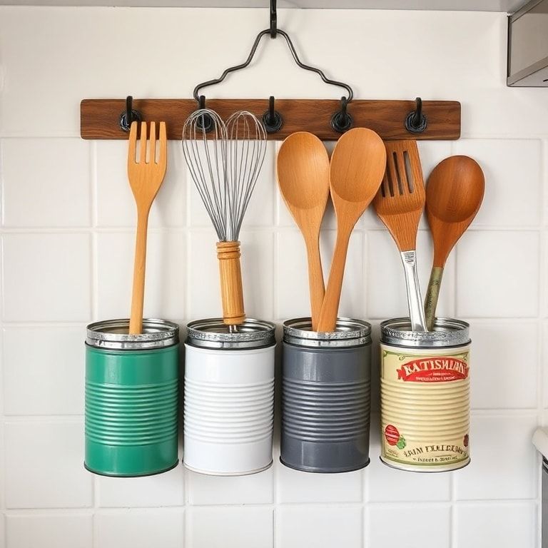 tin cans repurposed as utensil holders, kitchen organization idea, DIY upcycled decor, colorful metal cans with hanging hooks