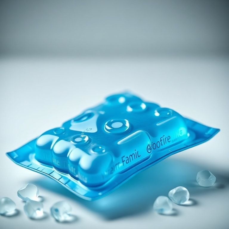 cooling gel pack with menthol and essential oils, soothing blue color, flexible gel texture, ergonomic design, targeted relief, muscle relaxation, inflammation reduction