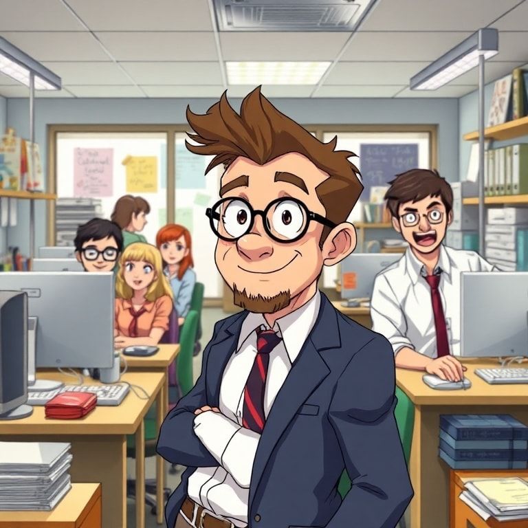 quirky office setting with diverse group of coworkers, modern workspace with computers and office supplies, humorous workplace dynamics, comedic actor portraying eccentric character, engaging ensemble cast, vibrant and dynamic office environment