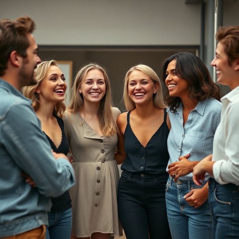 surprising - ensemble cast members laughing together on set, behind-the-scenes camaraderie among actors, genuine friendships