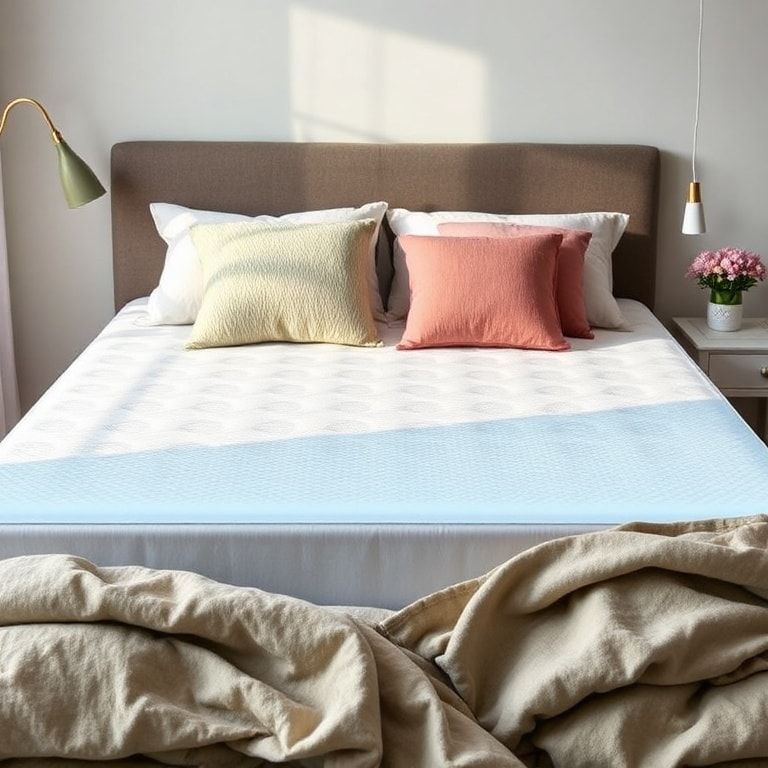 cooling gel mattress topper with breathable fabric and cooling gel technology, modern bedroom setting with cozy pillows and blankets, serene atmosphere, calming colors, comfortable and inviting, soothing environment