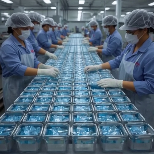 A busy food manufacturing facility with workers using premade cooling gels on production lines, vividly capturing the cool blue tones of the gels against the industrial backdrop