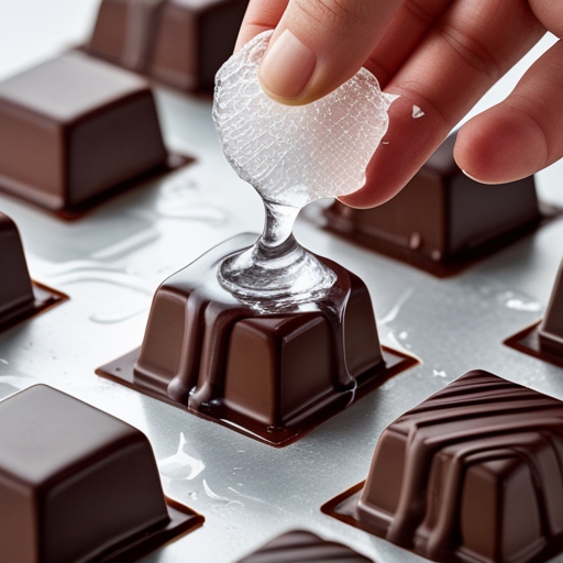 Close-up of premade cooling gels being applied to chocolate confections to prevent melting, highlighting the gel’s texture