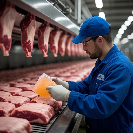 Technician checking the application of premade cooling gels in a meat processing plant, focusing on the precise placement and