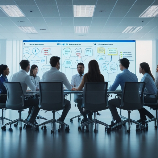 A modern corporate office filled with diverse team members engaging in a strategic meeting, showcasing a clear display of teamwork and role distribution, with a focus on a digital whiteboard highlighting various team roles and responsibilities, in a bright, airy room