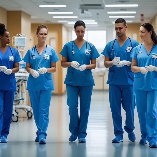 A healthcare team in a hospital setting, with each member performing distinct roles, highlighted by their specific actions an