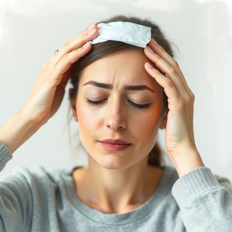 woman applying cooling gel pad to forehead during migraine attack