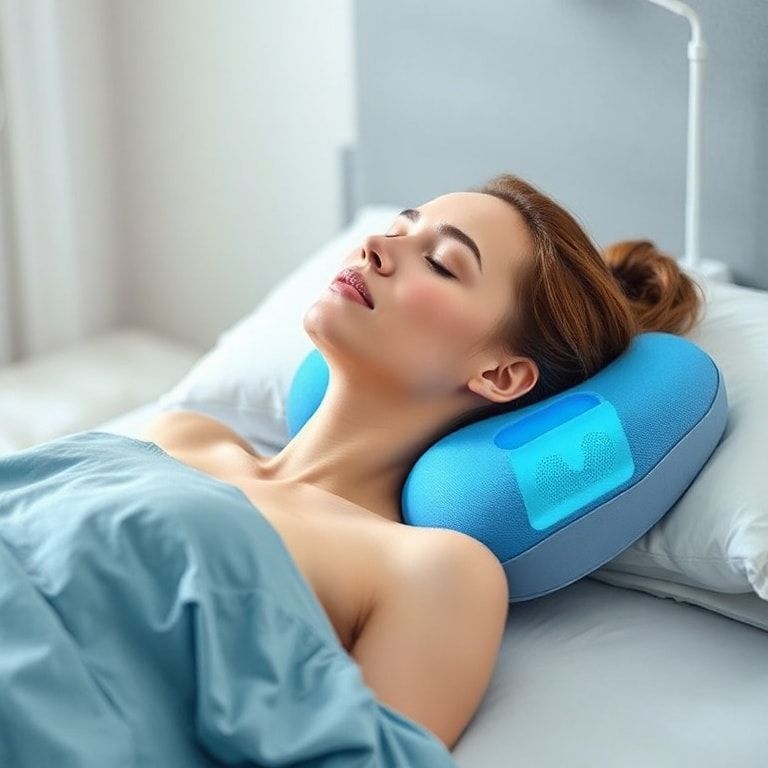 cooling gel pillow with memory foam and breathable fabric, ergonomic design for neck support, soothing blue color, relaxing bedroom setting