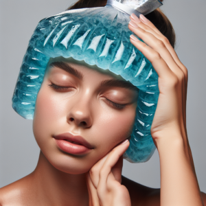 water-dunking gel ice pack in use, providing relief for a person with a headache or muscle strain