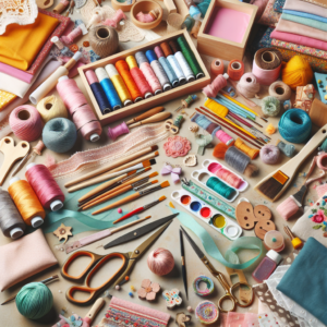 DIY home decor projects with various crafting materials, tools, and colorful fabrics