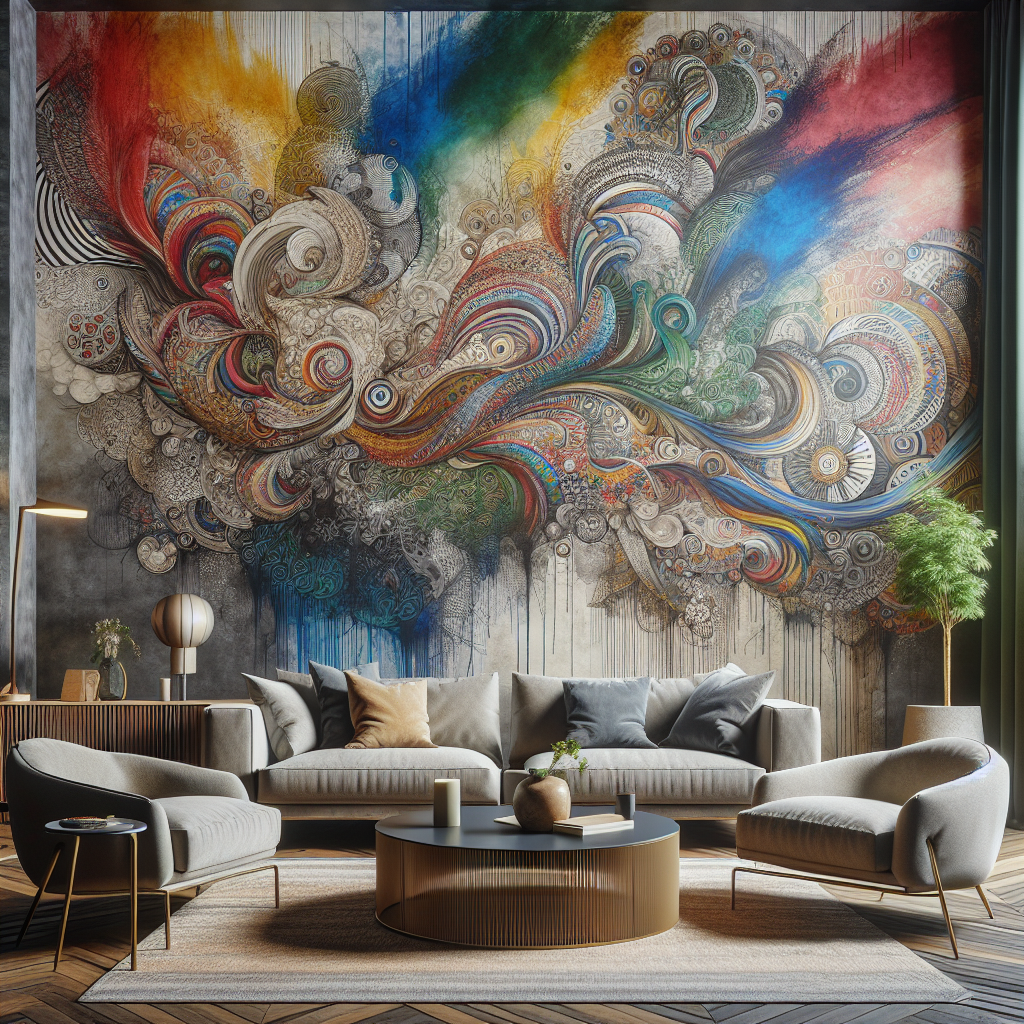 creative - Hand-painted wall murals in a modern living room setting, showcasing vibrant colors and intricate designs