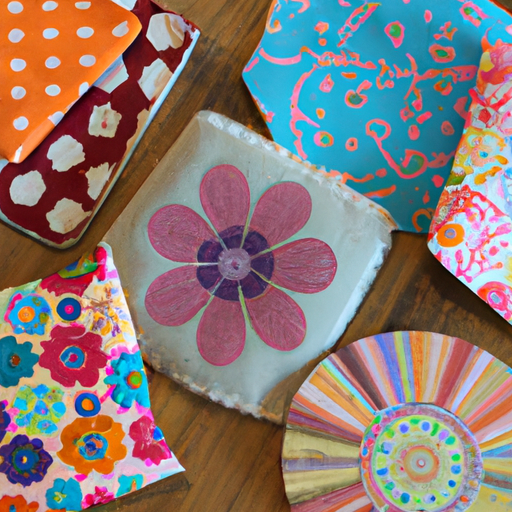 colorful fabric scrap coasters with various patterns and designs, brightening up a coffee table