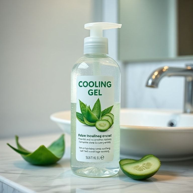 bottle of cooling gel with natural ingredients, such as aloe vera and cucumber extract, displayed on a bathroom counter