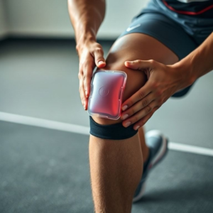 athlete using cold gel pack on injured knee during recovery