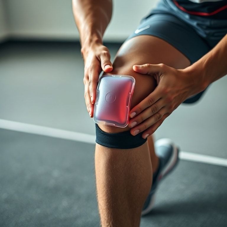 athlete using cold gel pack on injured knee during recovery