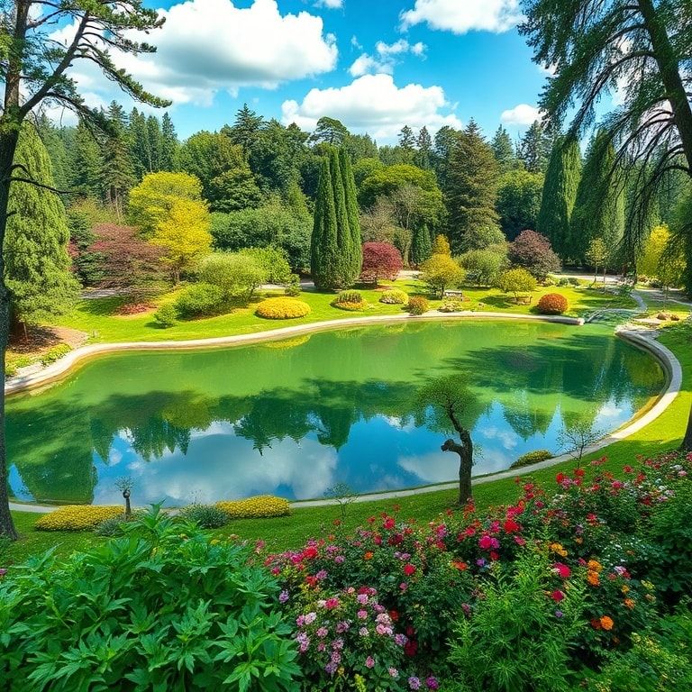 exploring - lush green parks, serene lakes, breathtaking views, Scenic Park, towering trees and colorful flowers, Lake Name