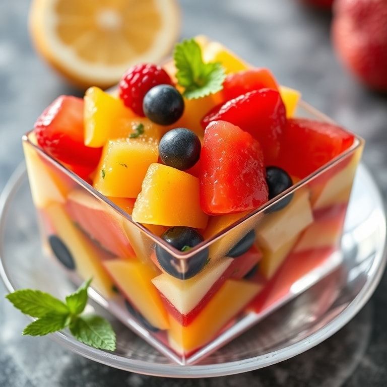 creative - vibrant fruit salad with gelatin dessert cubes, bursting with color and flavor, fresh and enticing, perfect for su