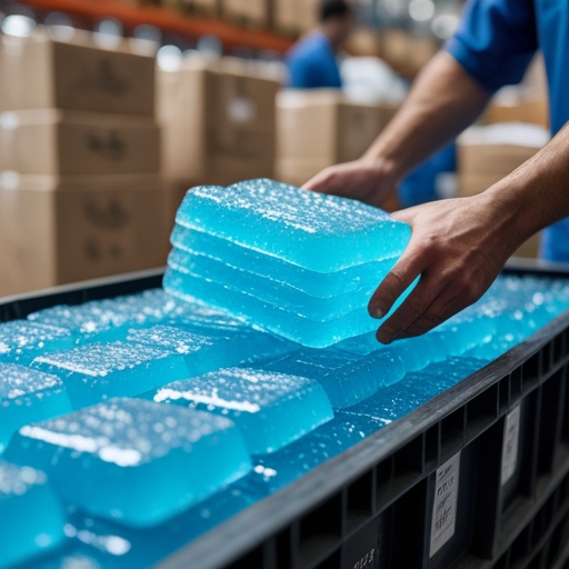 Close-up view of pre-made cooling gels being placed in shipping containers, highlighting their blue color and gelatinous texture, in a busy warehouse setting with workers and packed food boxes around