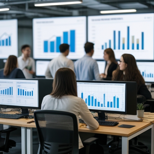 A busy office environment with employees discussing over computers, showing graphs and analytics on screens, in a modern, tech-driven office space