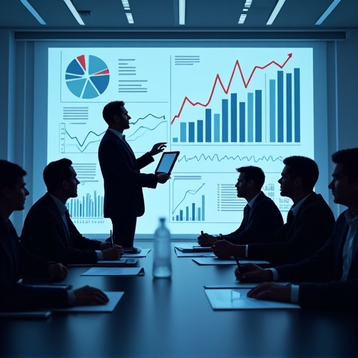 implementing - Graphs and charts displayed on a tablet being analyzed by a team of professionals in a conference room, illust