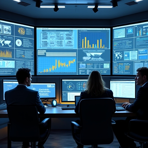 implementing - A futuristic control room with large screens displaying software metrics, a team of diverse professionals enga