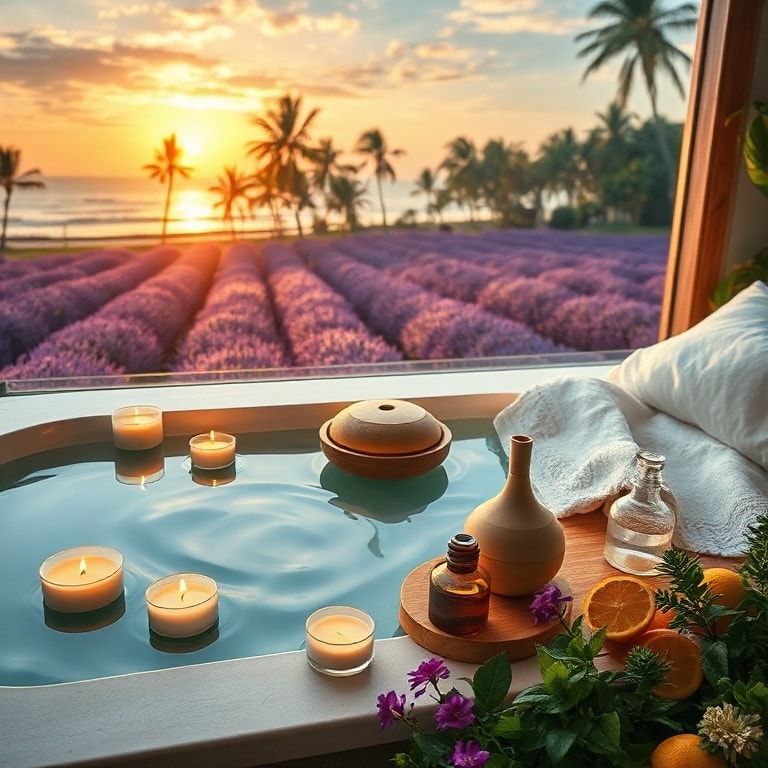 relaxing bath with candles and essential oils, serene spa setting with aromatic diffuser, calming lavender fields at sunset, peaceful beach with waves and palm trees, cozy bedroom with soft blankets and essential oil diffuser, refreshing citrus fruits and herbs, tranquil forest with sunlight filtering through trees, botanical garden with colorful flowers and greenery