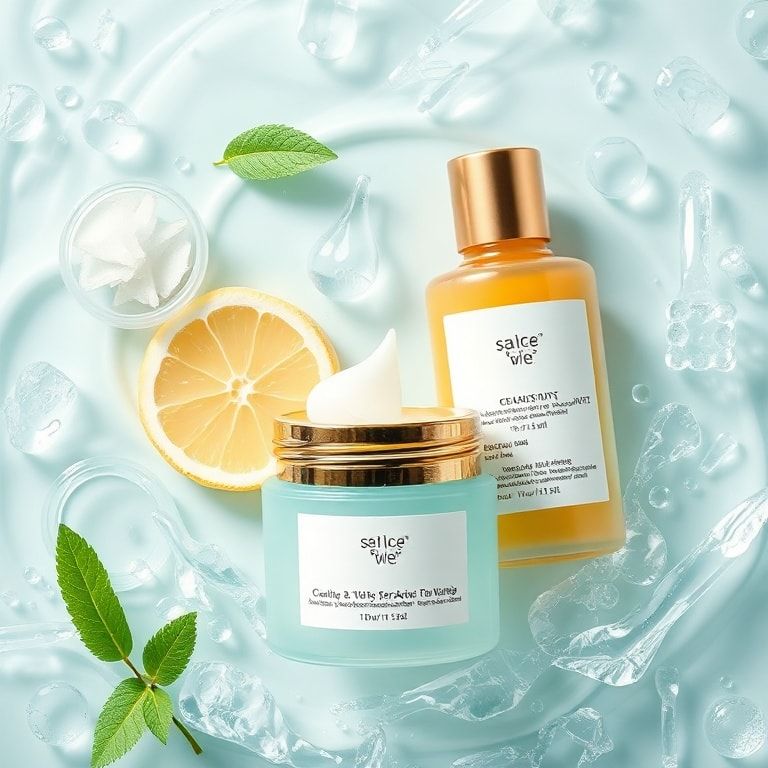 illustration of gel-based skincare products with natural ingredients, soothing and hydrating properties, botanical extracts, and scientific elements