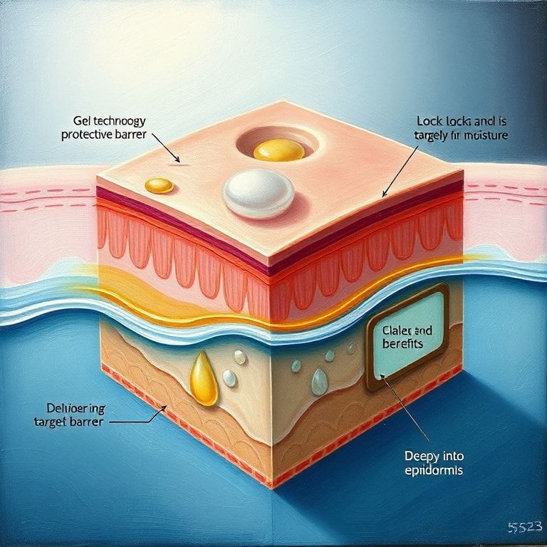 unveiling - detailed diagram showing how gel technology forms a protective barrier on the skin, locks in moisture, and delive
