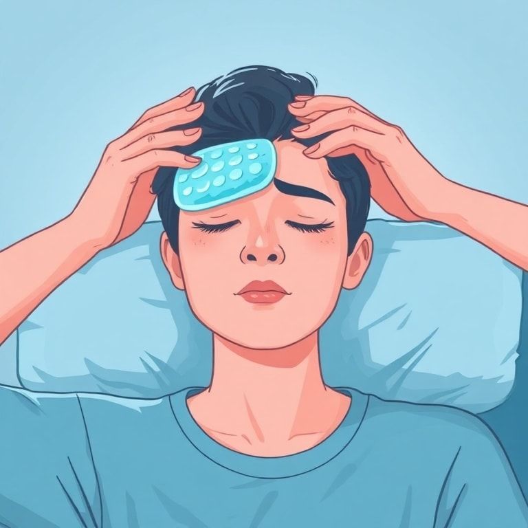 Illustration of a person applying a cooling gel pad on their forehead during a migraine attack, with a soothing blue color palette and a calming atmosphere
