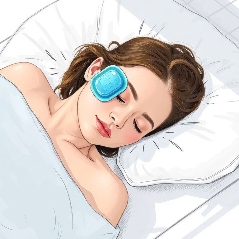 benefits - Visual representation of a person sleeping peacefully with a cooling gel pad on their forehead, surrounded by a se