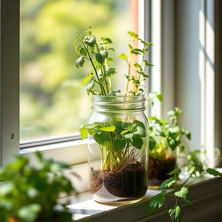 creative - mason jar herb garden on a sunny windowsill