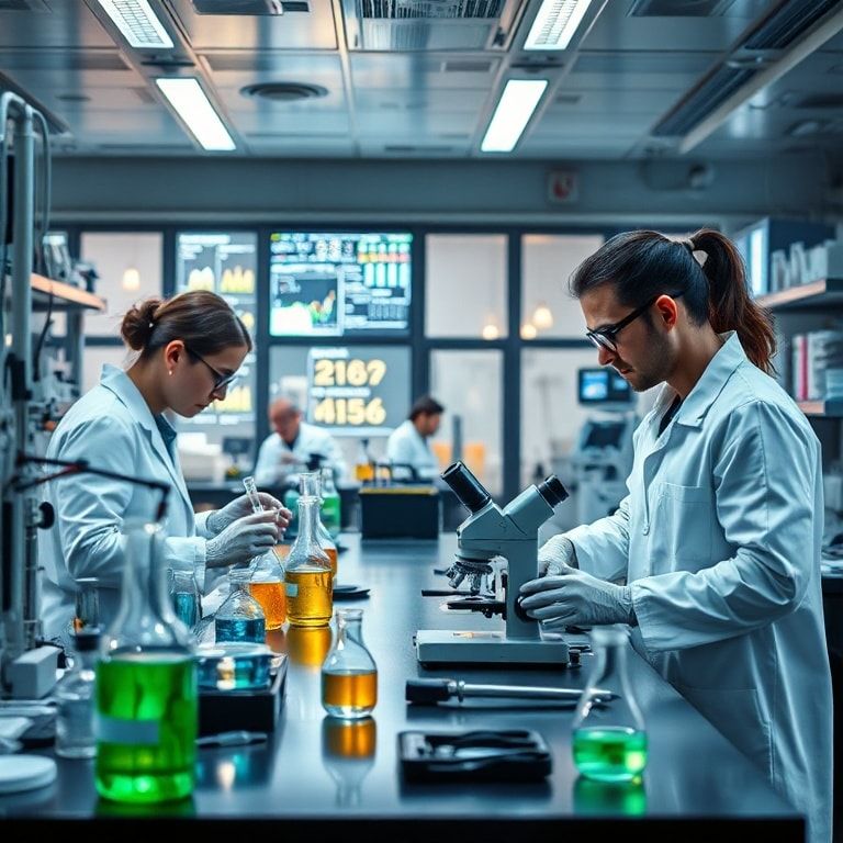 scientific laboratory with test tubes, beakers, and microscope, researchers in lab coats conducting experiments, futuristic technology and glowing screens, precise measurements and data analysis, high-tech equipment and tools