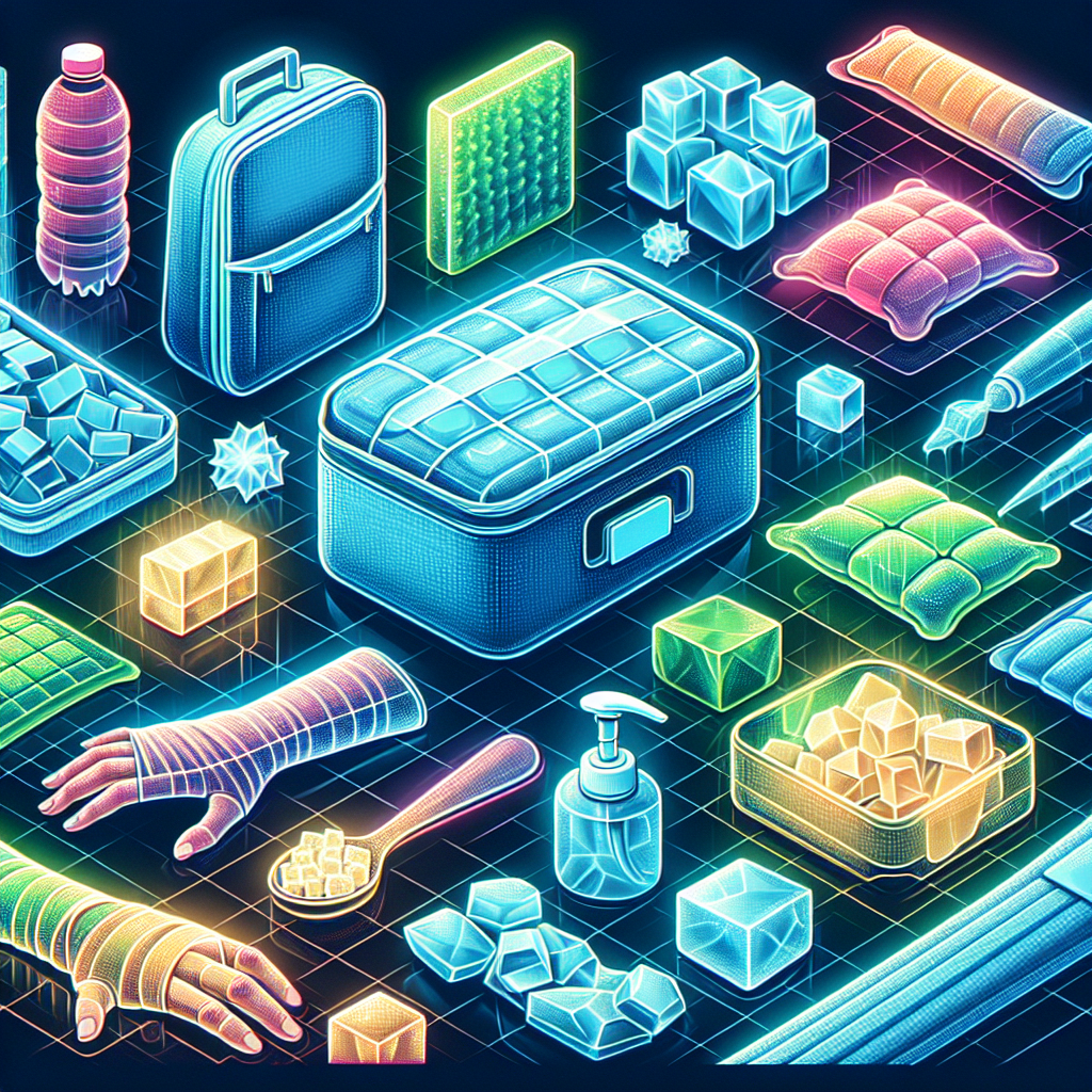 A variety of gel ice packs in different sizes and shapes, showcasing their flexibility and durability, with a focus on cooling effectiveness and convenience.