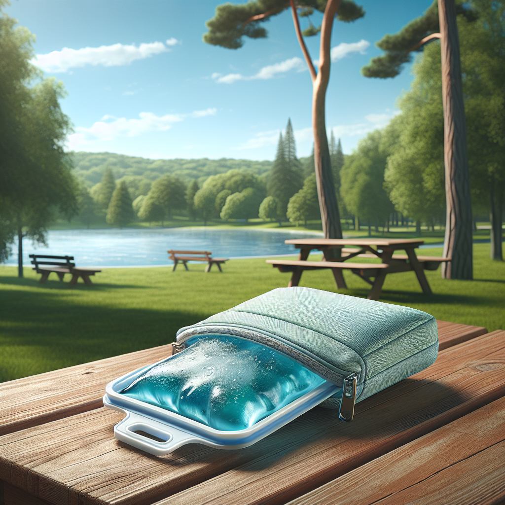 choosing - An outdoor scene with a gel ice pack placed on a picnic table, highlighting the portability and convenience of usi
