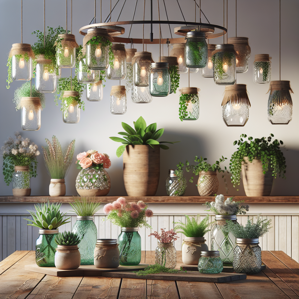 mason jars repurposed as planters, chandelier, and vases, showcasing a variety of creative uses