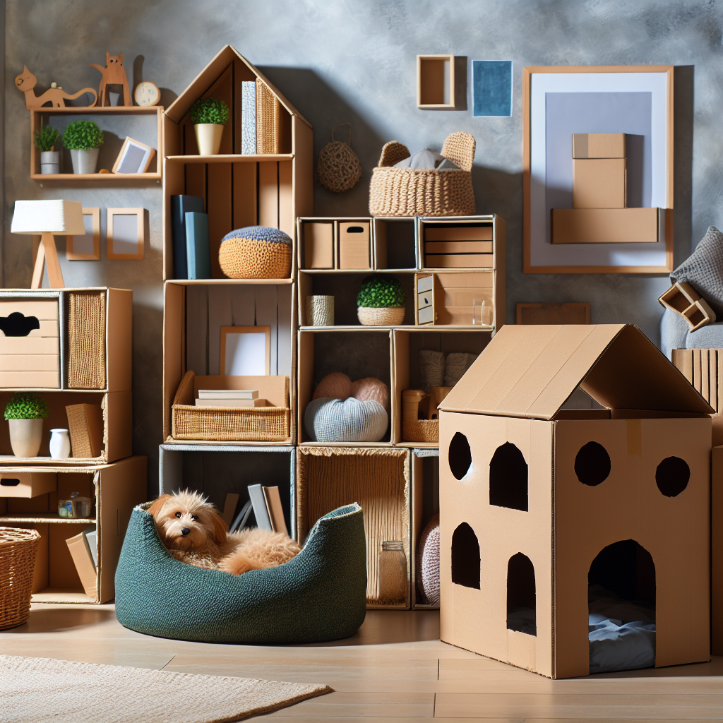 creative - cardboard boxes repurposed as shelving unit, pet bed, and kid's playhouse, showcasing innovative furniture ideas
