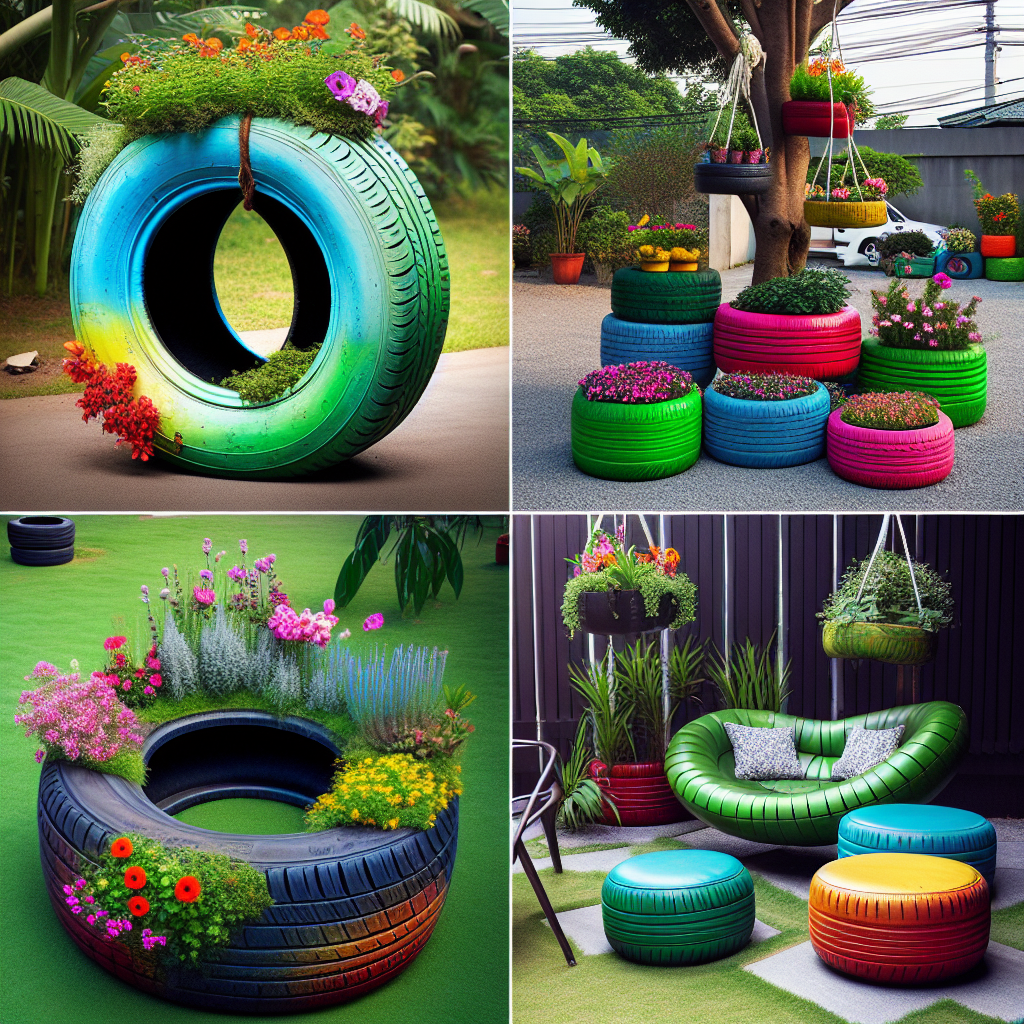old tires repurposed as colorful planters, tire swing, and outdoor ottoman, showcasing creative outdoor decor ideas