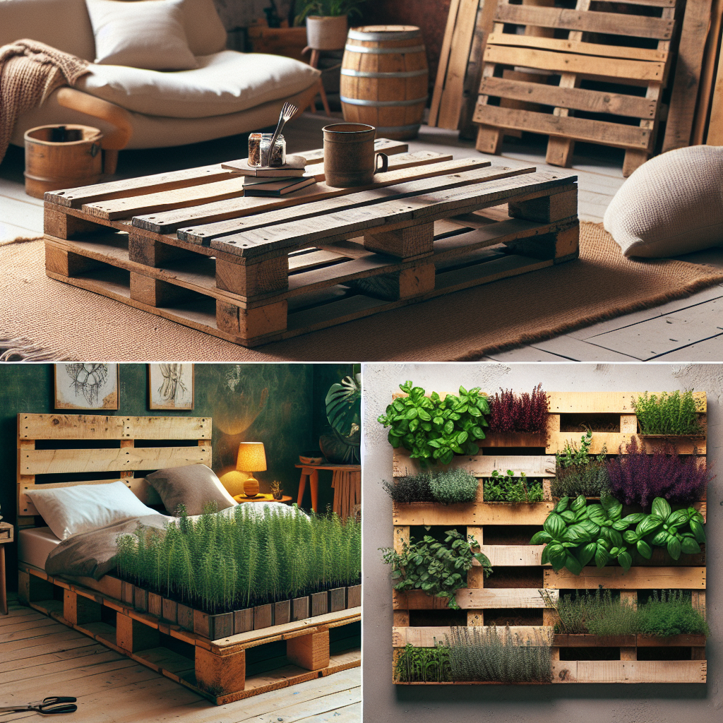 creative - wooden pallets repurposed as coffee table, headboard, and herb garden, showcasing versatile home project ideas