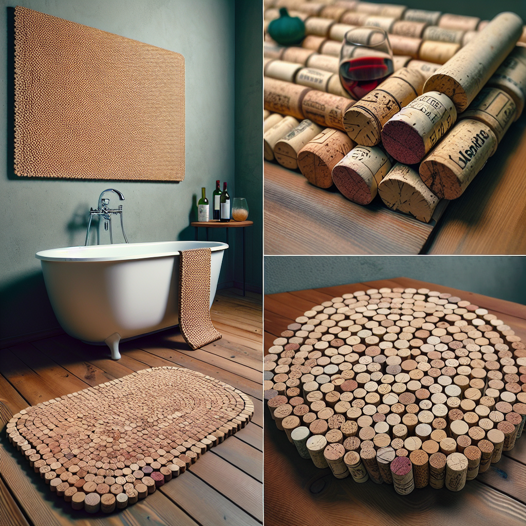 creative - wine corks repurposed as cork board, bath mat, and coasters, showcasing inventive ways to use wine corks