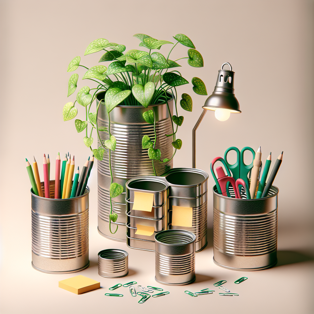 creative - tin cans repurposed as planters, desk organizers, and lanterns, showcasing inventive uses for tin cans