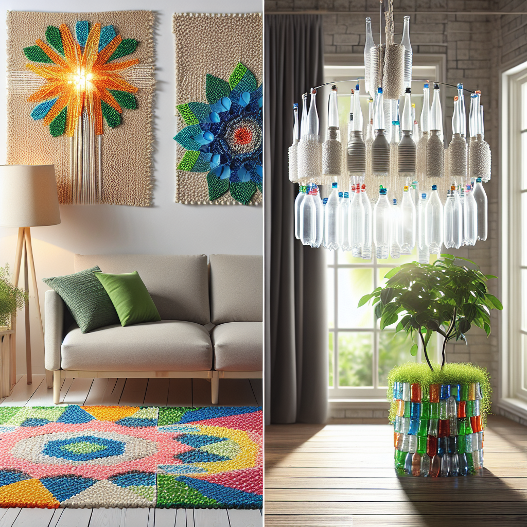 plastic bottles repurposed as rug, chandelier, and hanging planter, showcasing creative home decor ideas
