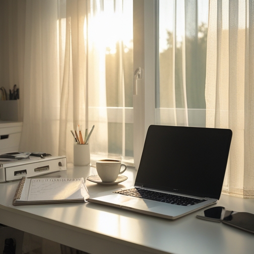 calm morning scene at a well-organized home office, soft sunlight filtering through sheer curtains, a neatly arranged desk with a planner, laptop, and a steaming cup of coffee, invoking a sense of readiness and productivity