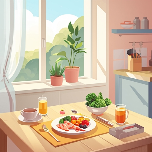 optimizing - peaceful breakfast scene, morning light illuminating a healthy meal on a tidy kitchen table, visualizing a stres