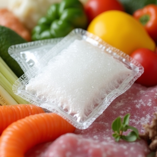 Close-up of ready-to-use cooling gel packets used in food packaging, showing the texture and material, set against a background of various perishable food items prepared for export, vibrant colors, clean and professional look